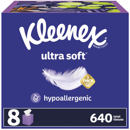 Picture of Kleenex Ultra Soft Facial Tissues, 8 Cube Boxes, 80 Tissues per Box, 3-Ply, Packaging May Vary