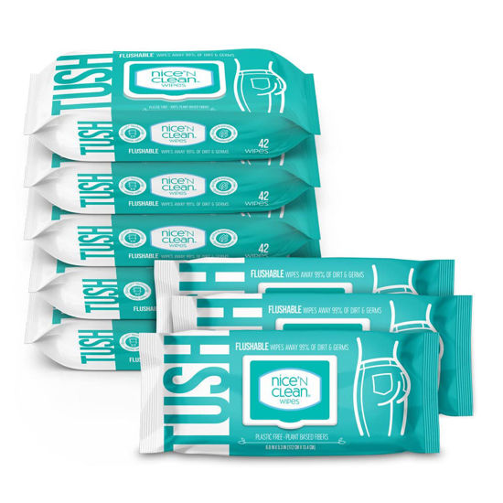 Picture of Nice 'N Clean Adult Flushable Wipes (8 x 42 Count) | Personal Cleansing Wipes Made from Plant-Based Fibers | Infused with Aloe & Vitamin E