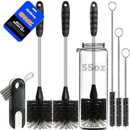 Picture of Holikme 6 Pack Bottle Brush Set, 14" Long Handle Stainless Steel Bottle Cleaner Brush, 3 Straw Brushes, 3-in-1 Bottle Cleaning Brush for Water Bottle, Baby Bottle, Straws Black