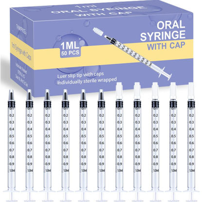 Picture of 50 Pcs 1ml Syringes with Caps Oral Dispenser Individually Sterile Warpped for Medicine Dropper, Colostrum Collect Feeding Pets, Liquid