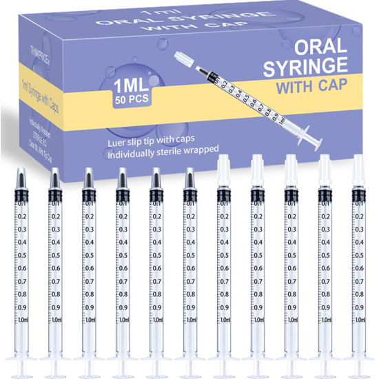 Picture of 50 Pcs 1ml Syringes with Caps Oral Dispenser Individually Sterile Warpped for Medicine Dropper, Colostrum Collect Feeding Pets, Liquid