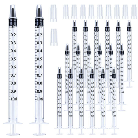 Picture of 20 Pack 1ml Syringe with Cap for Liquid, 1cc Plastic Small Syringes with Cover, Non-Sterile, No Needle