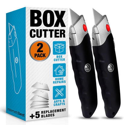 Picture of INTERNET'S BEST Premium Utility Knife Set | Retractable Box Cutter with Rubber Handle | Heavy-Duty Cutting for Cardboard, Carpet, Plastic | Retractable Blade | Includes 2 Razor Knives & Extra Blades