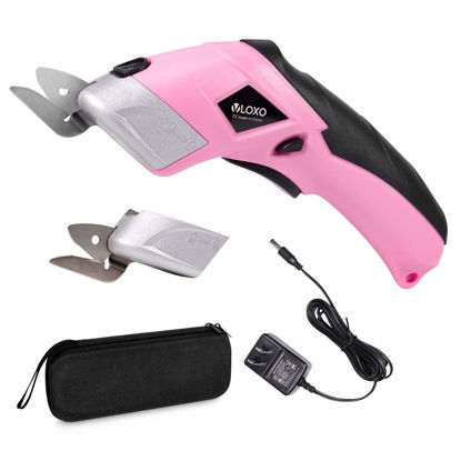 Picture of VLOXO Cordless Electric Scissors with 2 Blades Rechargeable Powerful Shears Cutting Tool for Fabric Cardboard Carpet Leather Felt with Charger & Storage Box-Pink