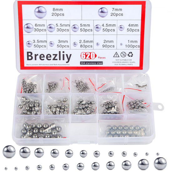Picture of Breezliy 304 Stainless Steel Ball 620Pcs 1-8mm Metric Precision Assorted Loose Bicycle Bearing Steel Ball Assortment Kit（12 Sizes）