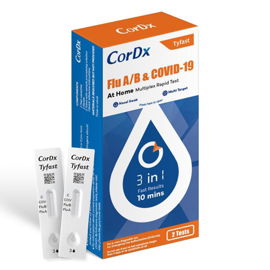Picture of CorDx TyFast Flu A/B & Covid-19 Multiplex Rapid Test, 10 Mins at Home, FDA Authorized, 3-in-1 Combo Kit, 2 Tests