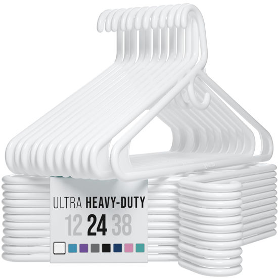 Picture of NEATERIZE Ultra Heavy Duty Plastic Clothes Hangers - White - Durable Coat, Suit and Clothes Hanger. Perchas De Ropa (24 Pack - White)