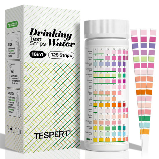 Picture of Water Testing Kits for Drinking Water: 125 Strips 16 in 1 Well and Drinking Water Test Kit, TESPERT Water Test Strips with Hardness, pH, Lead, Iron, Copper, Chlorine, and More