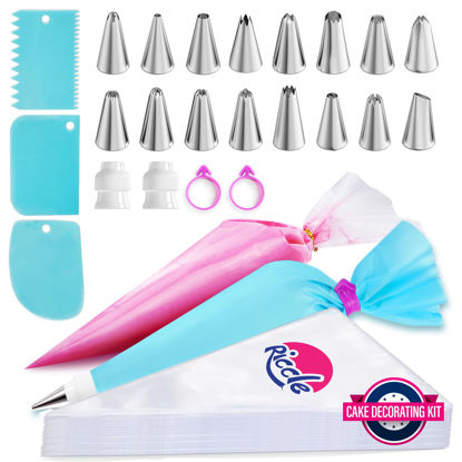 Picture of Riccle Piping Bags and Tips Set, 11.8 Inch 100 Anti Burst Piping Bags, 124 Pcs Cake Decorating Kit with 16 Piping Tips, 1 Reusable Pastry Bags, 3 Cake Scrapers, 2 Couplers, and 2 Icing Bags Ties