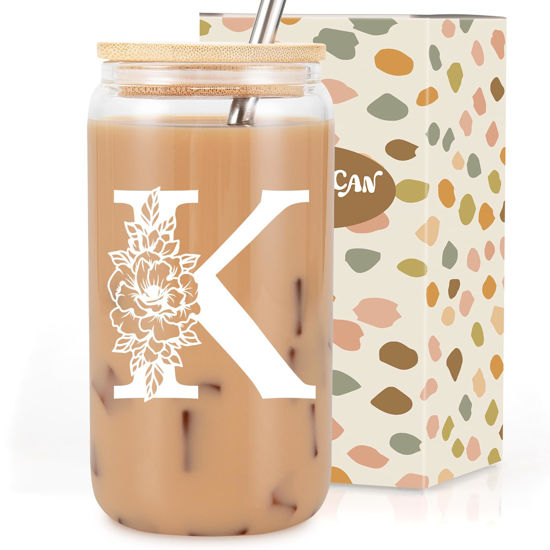 Picture of Coolife Initial Glass Cup, Monogrammed Gifts for Women, 16 oz Glass Cups w/Lids Straws, Iced Coffee Smoothie Beer Tumbler w/Straw Lid - Personalized Valentines Day, Birthday Gifts for Her Mom Friend