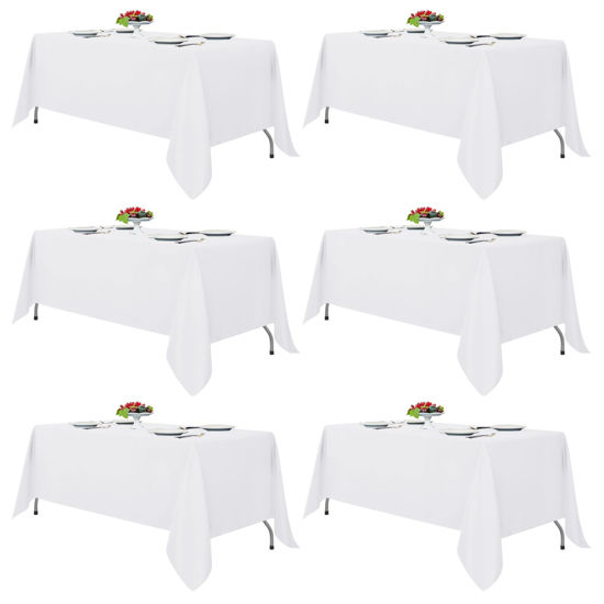 Picture of Fitable White Tablecloths for Rectangle Tables, 6 Pack - 70 x 120 Inches - Reusable and Washable Table Clothes for 6-8 Ft Tables, Polyester Fabric Table Covers for Wedding, Party, Banquet