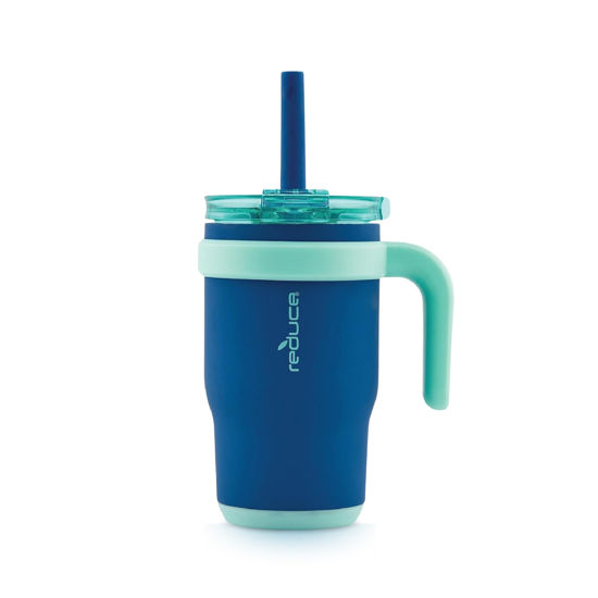 Picture of REDUCE 14 Oz Coldee Kids Tumbler with Lid and Straw - Coldee Insulated Travel Mug - Spill-Proof, Sweatproof Stainless Steel, BPA-Free - Includes Handle, Reusable Silicone Straw - Nautical Mist
