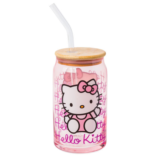 Picture of Silver Buffalo Sanrio Hello Kitty Waving Pink Glass Jar Tumbler with Bamboo Lid and Glass Straw, 16 Ounces