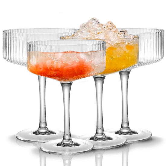 Picture of Qipecedm 4 Pcs Ribbed Coupe Glasses, 10 oz Vintage Cocktail Coupe Glasses Set, Unique Martini Glass, Classic Cocktail Galssware, Bar Drinking Glasses Set Pefect for Cocktail, Wine, Champagne & Gift