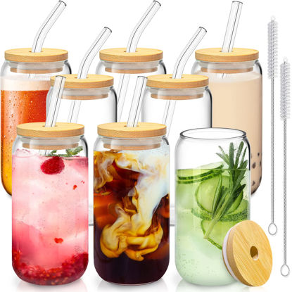 Picture of 8 Pcs Drinking Glasses with Bamboo Lids and Glass Straw - 16 Oz Can Shaped Glass Cups Beer, Ice Coffee Glasses Cute Tumbler Cup Great for Soda Boba Tea Cocktail Include 2 Cleaning Brushes