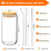 Picture of 8 Pcs Drinking Glasses with Bamboo Lids and Glass Straw - 16 Oz Can Shaped Glass Cups Beer, Ice Coffee Glasses Cute Tumbler Cup Great for Soda Boba Tea Cocktail Include 2 Cleaning Brushes