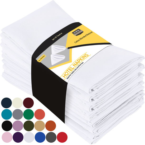 Picture of Utopia Kitchen White Cloth Napkins [12 Pack, 18x18 Inch] Absorbent Cotton Blend Washable and Reusable for Dinner, Restaurant, Lunch, Wedding and Hotel
