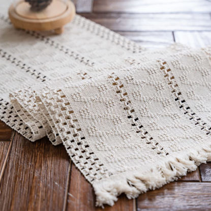 Picture of Alynsehom Macrame Table Runner Cream Beige Boho Table Runner with Tassels Hand Woven Cotton Table Runner Rustic Farmhouse Table Runner for Bohemian Kitchen Dining Table(12x71in)