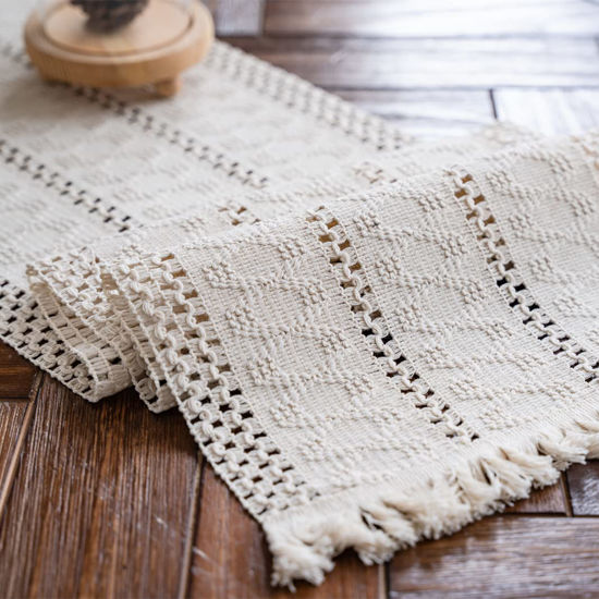 Picture of Alynsehom Macrame Table Runner Cream Beige Boho Table Runner with Tassels Hand Woven Cotton Table Runner Rustic Farmhouse Table Runner for Bohemian Kitchen Dining Table(12x71in)