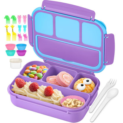 Picture of QQKO Bento Lunch Box with 4 Compartments, Sauce Container, Utensils, Food Picks and Muffin Cups for School - Purple