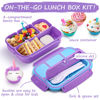 Picture of QQKO Bento Lunch Box with 4 Compartments, Sauce Container, Utensils, Food Picks and Muffin Cups for School - Purple