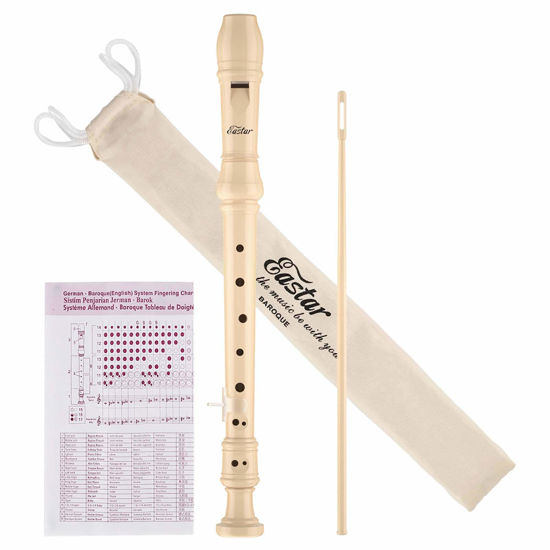 Picture of Eastar Soprano Recorder Instrument for Kids Beginner, Baroque Fingering C Key Recorder Instrument 3 Piece with Cleaning Kit, Thumb Rest, Cotton Bag, Fingering Chart, ERS-21BN, Natural, School-Approved