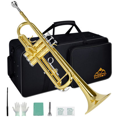 Picture of EASTROCK Bb Trumpet Standard Trumpet Set with Carrying Case,Gloves, 7C Mouthpiece and Cleaning Kit (Gold)