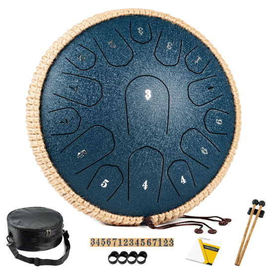 Picture of HOPWELL Steel Tongue Drum - 13 Inches 15 Notes Tongue Drum - Hand Pan Drum with Music Book, Handpan Drum Mallets and Carry Bag, D Major (Navy Blue)