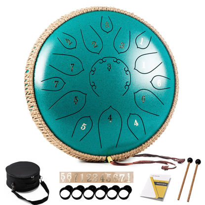 Picture of HOPWELL Steel Tongue Drum - 15 Note 12 Inch Tongue Drums - Percussion Instruments - Hand Pan Drum with Music Book, Drum Mallets and Carry Bag, D Major, Malachite Green