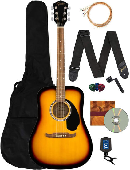 Picture of Fender Dreadnought Acoustic Guitar - Sunburst Bundle with Gig Bag, Tuner, Strap, Strings, String Winder, Picks, Fender Play Online Lessons, and Austin Bazaar Instructional DVD