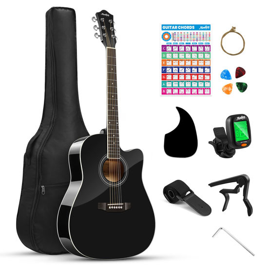 Picture of Moukey 41" Acoustic Guitar for Beginners Adult Teen Full Size Guitarra Acustica with Chord Poster, Gig Bag, Tuner,Steel Strings, Capo, Strap - Black