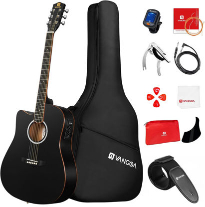 Picture of Vangoa Left Handed Acoustic Electric Guitar Kit for Adult Beginner Full Size Cutaway Lefty Acoustic Guitar Bundle Set with Built-in 4 Band EQ Bag Tuner Cable Strap Capo String, Matte Black