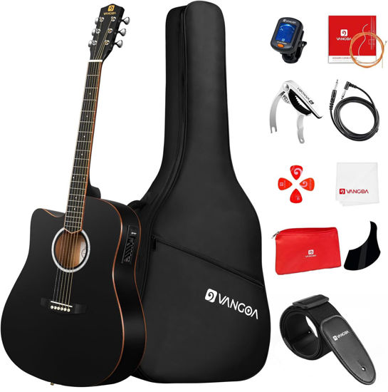 Picture of Vangoa Left Handed Acoustic Electric Guitar Kit for Adult Beginner Full Size Cutaway Lefty Acoustic Guitar Bundle Set with Built-in 4 Band EQ Bag Tuner Cable Strap Capo String, Matte Black