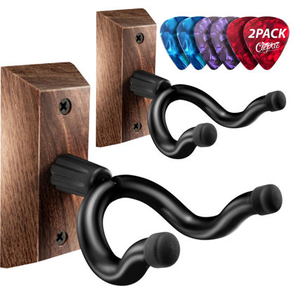 Picture of ClefArc Guitar Wall Mount 2 Pack, Black Walnut Guitar Wall Hangers, Guitar Picks, Pick Holder, Guitar Accessories, U-Shape Hardwood Guitar Hanger, Gifts for Guitarists, with 6 Assorted Guitar Picks