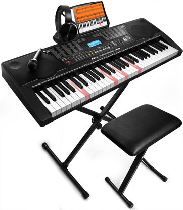 Picture of 61 Key Portable Electronic Keyboard Piano w/Lighted Full Size Keys, LCD, Headphones, X-Stand, Stool, Music Rest, Microphone, Note Stickers, Built-In Speakers,3 Teaching Modes
