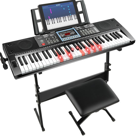 Picture of VEIYOUMO Keyboard Piano 61 Keys for Beginners with Stand Bench, Lighted Keys, Teaching Modes, LED Screen, 70 Demos, 200 Tones/Rhythms, Pitch Bend, Metronome, Sustain, Transpose, Built-In Speakers