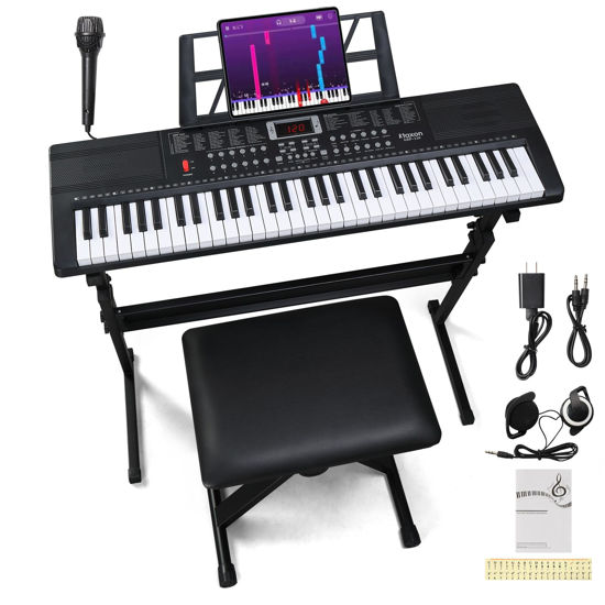 Picture of Ktaxon 61 Key Keyboard Piano Electric Keyboard, Electric Piano Set with Headphone, Microphone, Music Rest, Power Adapter, Piano Stand, Piano Bench and Manual (Black)