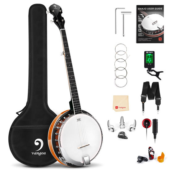 Picture of Vangoa Banjo 5 String Full Size Beginner Banjo Kit Remo Head Mahogany Resonator Banjo Closed Back with Premium Bag for Adults Teens Starters