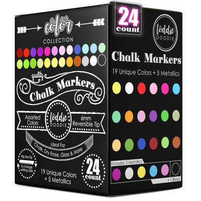 Picture of Loddie Doddie Liquid Chalk Markers (24-Pack) - Dust-Free Erasable Pens for Windows, Glass, Chalkboard & Blackboard - 6mm Reversible Bullet & Chisel Tip