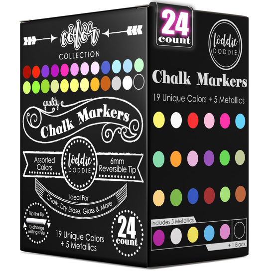 Picture of Loddie Doddie Liquid Chalk Markers (24-Pack) - Dust-Free Erasable Pens for Windows, Glass, Chalkboard & Blackboard - 6mm Reversible Bullet & Chisel Tip