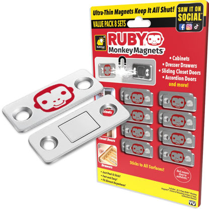 Picture of RUBY Monkey Magnets AS-SEEN-ON-TV, Ultra-Thin Magnetic Plates Keep It All Shut, Fast and Easy Installation, Just Peel & Stick, Slim Design Fits Virtually Anywhere, Cabinets, Drawers & More, 8 Sets