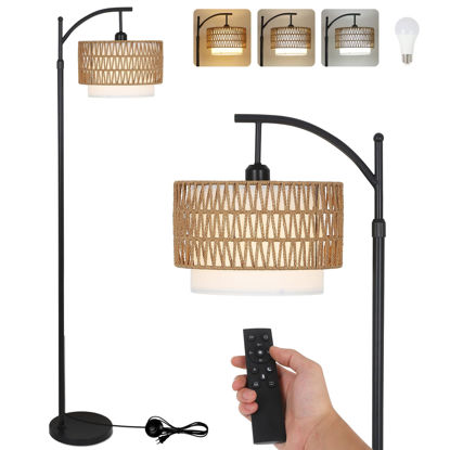 Picture of Arc Floor Lamp for Living Room with 3 Color Temperatures, Farmhouse Floor Lamps with Remote & Dimmable Bulb, Boho Standing Lamp with Rattan & Fabric Shades, Adjustable Tall Lamp for Bedroom, Office