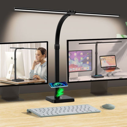 Picture of AKRRYR LED Desk Lamp for Home Office, Double Head 24W with USB Charging Port & Wireless Charger, Architect Light 5 Lighting Brightness Flexible Gooseneck Table Reading Study, Black