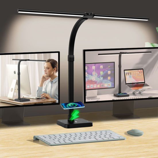 Picture of AKRRYR LED Desk Lamp for Home Office, Double Head 24W with USB Charging Port & Wireless Charger, Architect Light 5 Lighting Brightness Flexible Gooseneck Table Reading Study, Black