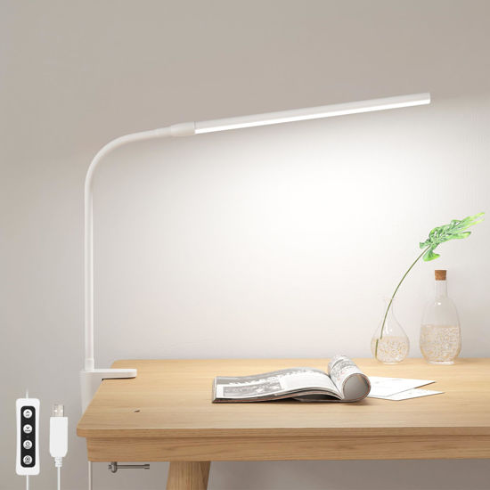 Picture of Lepro Small Desk Lamp with Clamp, LED Reading Lamp with 3 Color Modes 10 Brightness, Dimmable USB Clip on desk light with Gooseneck Swing Arm for Bed Headboard, Workbench, Home Office and Nail (White)