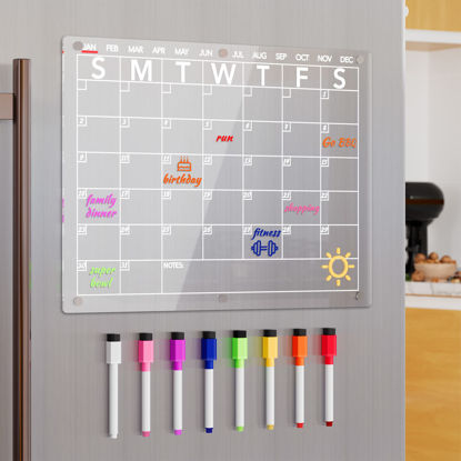 Picture of Neatsure Acrylic Magnetic Dry Erase Board Calendar for Fridge, Clear Monthly Planner Whiteboard for Refrigerator, w/ 8 Colors Markers, 15"x11"