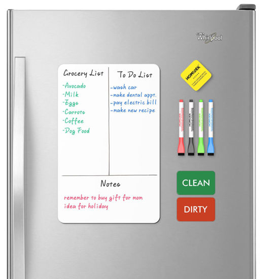 Picture of HOMiDEK Magnetic Dry Erase Board: Small Fridge Whiteboard, Flexible Refrigerator Magnet White Board, Blank Writing Note Sheet with Dishwasher Magnet Clean Dirty Sign, 4 Markers & Eraser - 12 x 8