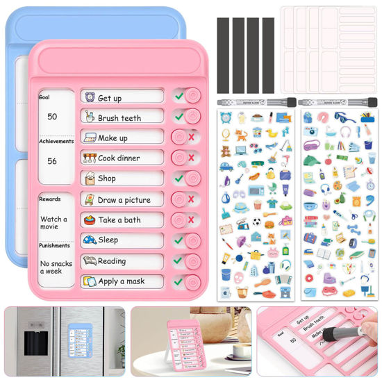 Picture of Audab 2Pcs Dry Erase Chore Chart for Kids, Magnetic Checklist Board, My Chores Slider Chart to Do List Board, Routine Chart Schedule Board Task Tracker for Home Refrigerator, Wall, Desk (Blue & Pink)