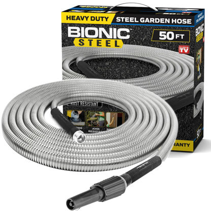 Picture of Bionic Steel Metal Garden Hose 50 Ft with Nozzle, 304 Stainless Steel Water Hose, 50 Ft Garden Hose Tough & Flexible, Lightweight, Crush Resistant Fittings, Kink & Tangle Free, Rust Proof - 2024 Model