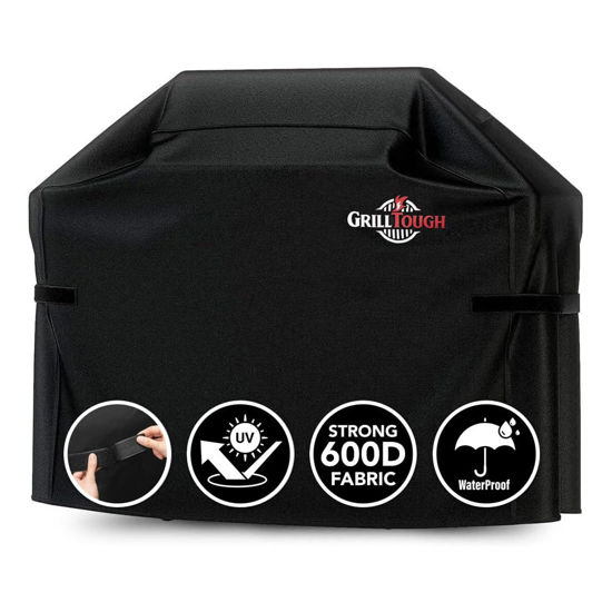 Picture of GrillTough Heavy Duty BBQ Grill Cover for Outdoor Grill, 58 Inch - Waterproof, Weather Resistant, UV & Fade Resistant with Adjustable Straps - Gas Grill Cover for Weber, Genesis, Charbroil, etc. Black